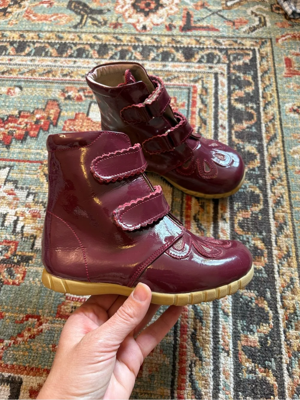 Livie & Luca | Burgundy Patent Leather | Velcro | Floret Boots | 11